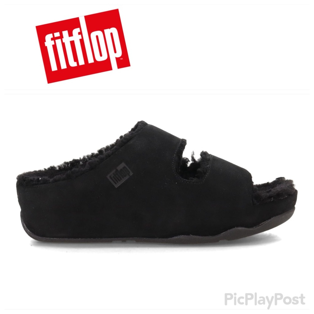 FITFLOP SHUV 2 BARBBlack Genuine Shearling Platform Slide Sandals 5 NWT NIB